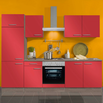 Kitchenette Bistrot 270 cm avec espace pour cuisinière avec four et réfrigérateur avec compartiment congélateur-rouge brillant/chêne trufflé