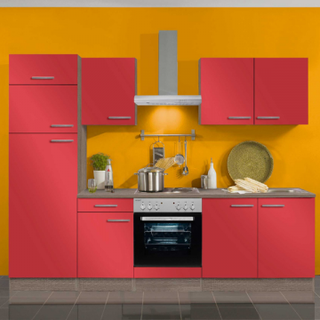 Kitchenette Bistrot 270 cm avec espace pour cuisinière avec four et combi réfrigérateur-congélateur-rouge brillant/chêne trufflé