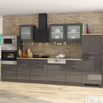 Kitchenette Ragnar 330cm avec espace pour four, micro-ondes, lave-vaisselle et réfrigérateur - anthracite brillant