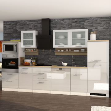 Kitchenette Ragnar 330cm avec espace pour four, micro-ondes, lave-vaisselle et réfrigérateur - blanc brillant