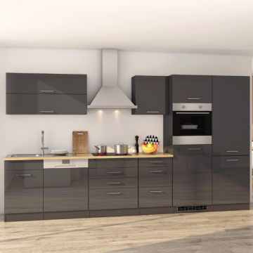 Kitchenette Ragnar 360cm avec espace pour réfrigérateur-congélateur, lave-vaisselle et four - anthracite brillant