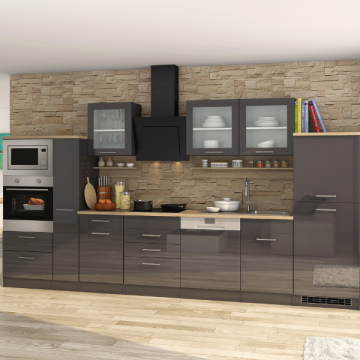 Kitchenette Ragnar 370cm avec espace pour four, micro-ondes, lave-vaisselle et réfrigérateur - anthracite brillant
