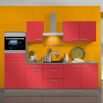 Kitchenette Bistrot 270cm avec espace pour réfrigérateur avec compartiment congélateur, four et plaque de cuisson céramique-rouge brillant/chêne trufflé