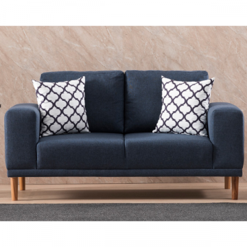 Canapé 2 places élégant avec structure en bois de hêtre et tissu en lin polyester bleu foncé