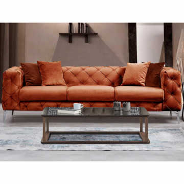 Canapé 3 places confortable au design unique | Structure en bois de hêtre | Tissu 100% polyester | Couleur orange