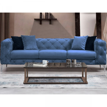 Canapé 3 places" Comfort Design | Structure en hêtre, polyester bleu | 237x73x90cm | Pieds chromés