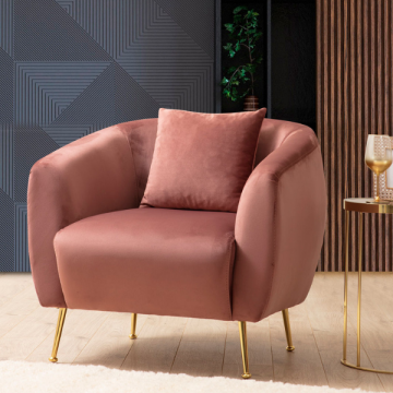 Chaise à oreilles élégante - Structure en bois de hêtre, tissu polyester rose, pieds en métal doré