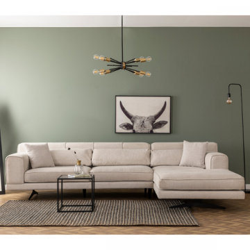 Canapé d'angle confortable et élégant | Beige | Structure en bois | 5 coussins | 308x198 cm