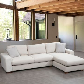Canapé d'angle beige élégant | Design unique et confortable | Structure en bois de hêtre | Tissu 100% polyester