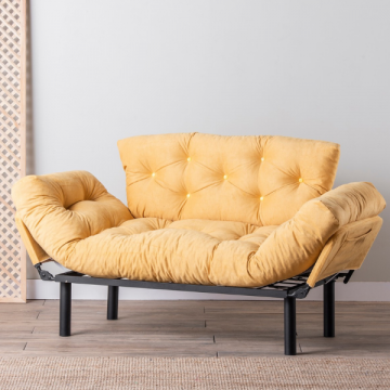 Canapé-lit 2 places confortable | Design élégant | Structure en métal | Tissu polyester | Couleur moutarde