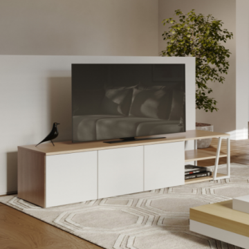 Meuble TV Albérique 3 portes tournantes et 4 étagères-chêne/blanc mat 