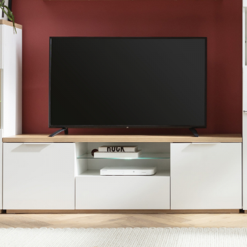 Meuble tv Maki 160cm avec trois portes - décor chêne/blanc brillant