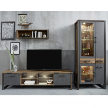 Salon combiné Prime | Meuble TV, étagère et vitrine | Décor Old Wood