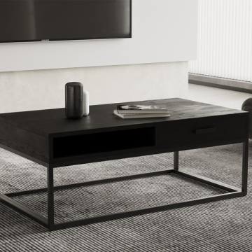 Mangolia table basse noire avec tiroir | Cadre en métal et plateau en bois exotique | H40xW110xD60cm