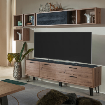 Meuble tv Trevi 180cm avec 2 portes & 2 tiroirs - décor chêne/noir