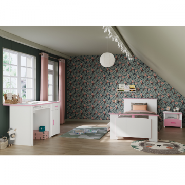 Chambre d'enfant Biotiful: bureau, lit 90x200, chevet - blanc/rose
