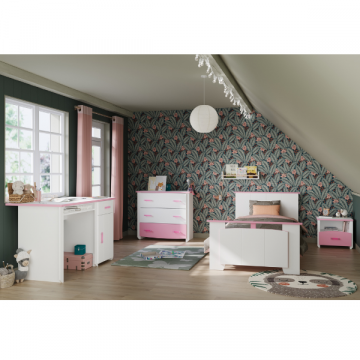 Chambre d'enfant Biotiful: bureau, lit 90x200, chevet, commode - blanc/rose