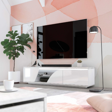 Meuble TV Gioia avec 3 portes - blanc brillant/aspect béton