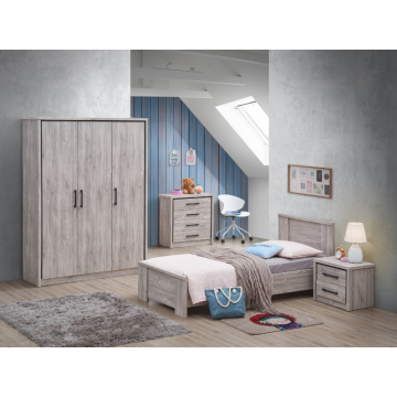 Chambre simple Sela: lit 90x200cm, chevet, armoire, commode - chêne gris