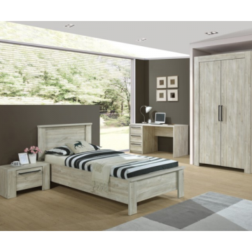 Chambre à coucher Angie: lit 90x200cm, chevet, bureau, armoire - décor chêne
