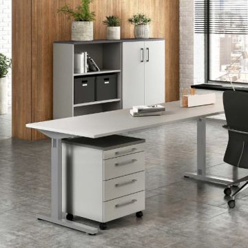 Ensemble de bureau Presley | Table de bureau, bloc-tiroirs, classeur et étagère | Gris clair