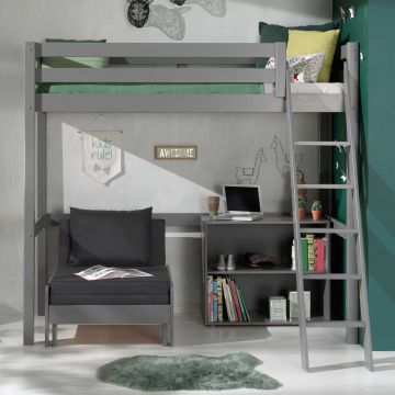 Lit mezzanine Claire 90x200cm avec bibliothèque et canapé-lit - gris