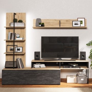 Meuble TV Hoggas 205cm, 1 porte & 1 étagère - décor en chêne/noir