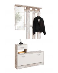 Vestiaire Rudolf (porte-manteau, miroir & armoire à chaussures) - fresque/blanc