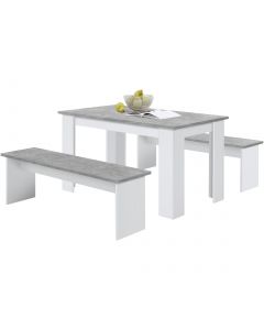 Ensemble table + 2 bancs Mundo - béton/blanc