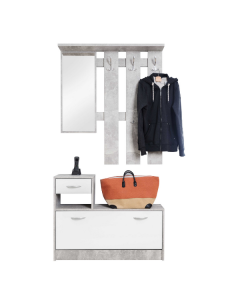 Vestiaire Rudolf (porte-manteau, miroir & armoire à chaussures) - béton/blanc